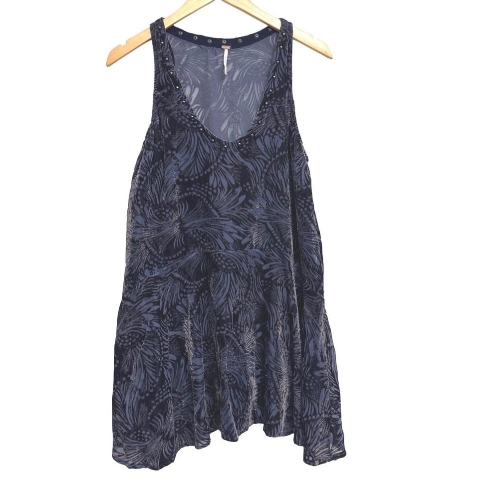 Free People Mini Dress Small Burnout‎ Velvet Studded Sleeveless Blue Floral BOHO